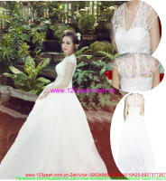 Đầm cô dâu ren hoa nổi tay con Kelly váy lưới trắng tinh khôi DCE1