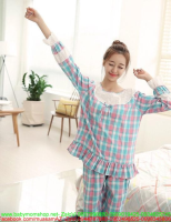 Đồ bộ sau sinh pyjama viền ren trắng caro màu xì teen DBS48