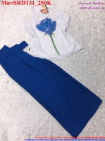 Sét áo tay ngắn in hình hoa hồng xanh phối với quần xanh đáng ui SRD131