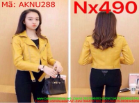 Áo khoác da nữ dài tay khóa kéo chéo màu vàng nổi bật AKNU288
