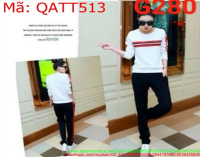 Sét thể thao nữ áo dài tay sọc viền đỏ và quần dài thời trang QATT513