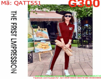 Bộ thể thao nữ áo dài tay cổ trụ và quần dài sọc dọc sành điệu QATT551