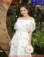 Đầm maxi bẹt vai thắt eo xinh xắn vải hoa cao cấp DDH674