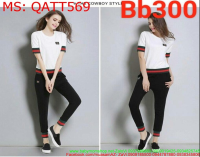 Bộ thể thao nữ dài áo thun ngắn tay sọc xanh đỏ thời trang QATT569