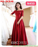 Đầm cô dâu đỏ dài bẹt vai ren nổi sang trọng DCE48