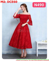 Đầm cô dâu bẹt ngang vai kiểu xòe ren đỏ sang trọng DCE60