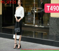 Sét áo kiểu bẹt vai và chân váy phối màu đen thời trang sang trọng SEV525