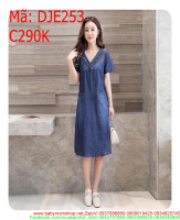 Đầm jean công sở xẻ cổ v phom suông dài xinh đẹp DJE253