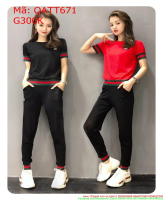 Sét thể thao nữ áo tay ngắn phối quần dài sọc viền màu trẻ trung QATT671