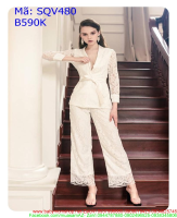 Sét áo cổ v phối quần dài trắng phối ren thời trang SQV480