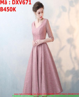 Đầm xoè dự tiệc phom dài màu hồng vải ren nổi xinh đẹp DXV671