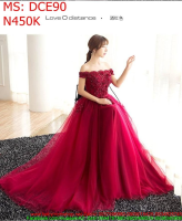 Đầm cô dâu maxi bẹt vai màu đỏ vải ren cao cấp DCE90