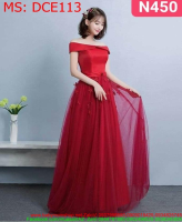 Đầm cô dâu xòe bẹt vai màu đỏ sang trọng DCE113