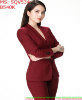 Sét áo cổ vest dài tay phối quần dài màu đỏ phong cách công sở SQV534