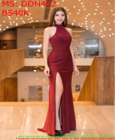 Đầm dự tiệc dài cổ yếm và xẻ đùi màu đỏ thời trang DDH462