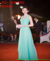 Đầm dạ hội màu xanh xẻ cổ v phối lưới thời trang DDH490