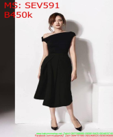 Sét áo lệch vai và chân váy xòe dài màu đen thời trang SEV591