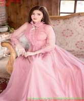 Đầm maxi phom xòe dài màu hồng phối lưới xinh đẹp duyên dáng DDH500