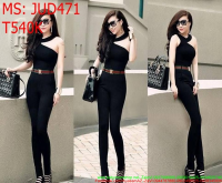Jumpsuit dài kiểu cổ lệch yếm lệch vai màu đen  cá tính JUD471