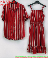 Sét áo cặp sơ mi nam và váy nữ b2 dây sọc kẻ đỏ ATD239