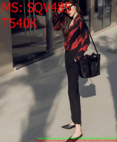 Sét áo kiểu kẻ sọc đỏ đen và quần ôm dáng  SQV485