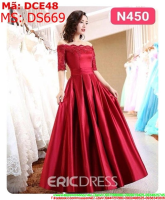Đầm cô dâu bẹt vai màu đỏ xòe sang trọng và thời trang DS669