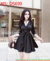 Đầm xòe đen dài tay thắt eo xinh đẹp và thời trang DS690
