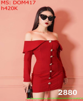 Đầm ôm đỏ bẹt vai đính nút sành điệu nổi bật DOM417