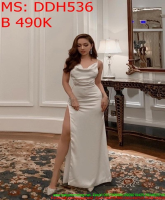 Đầm dạ hội maxi cổ đổ màu trắng xinh đẹp xẻ đùi sexy DDH536